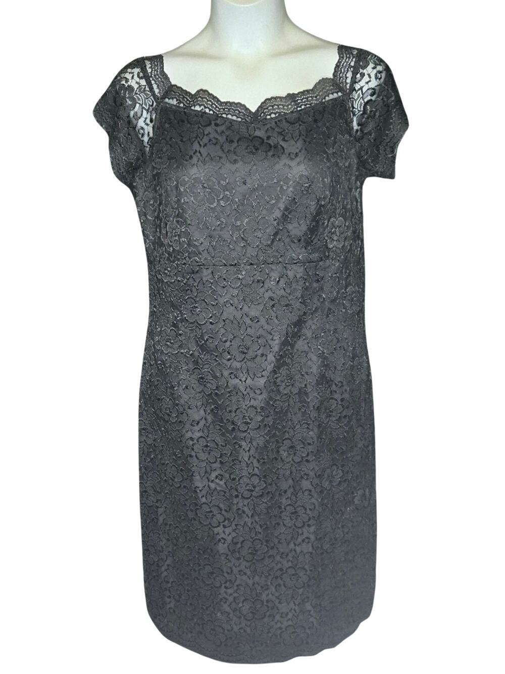 Vintage Worthington Black Lace Overlay Cocktail Sheath Dress Size 14 Cap Sleeve